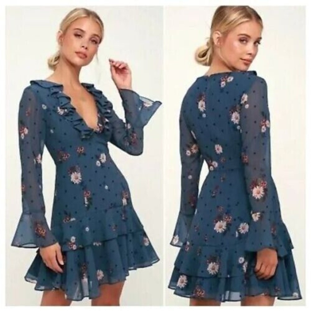 Keepsake Mini Dress Small Steel Blue Run Free Flutter Boho Autumn Wedding Guest